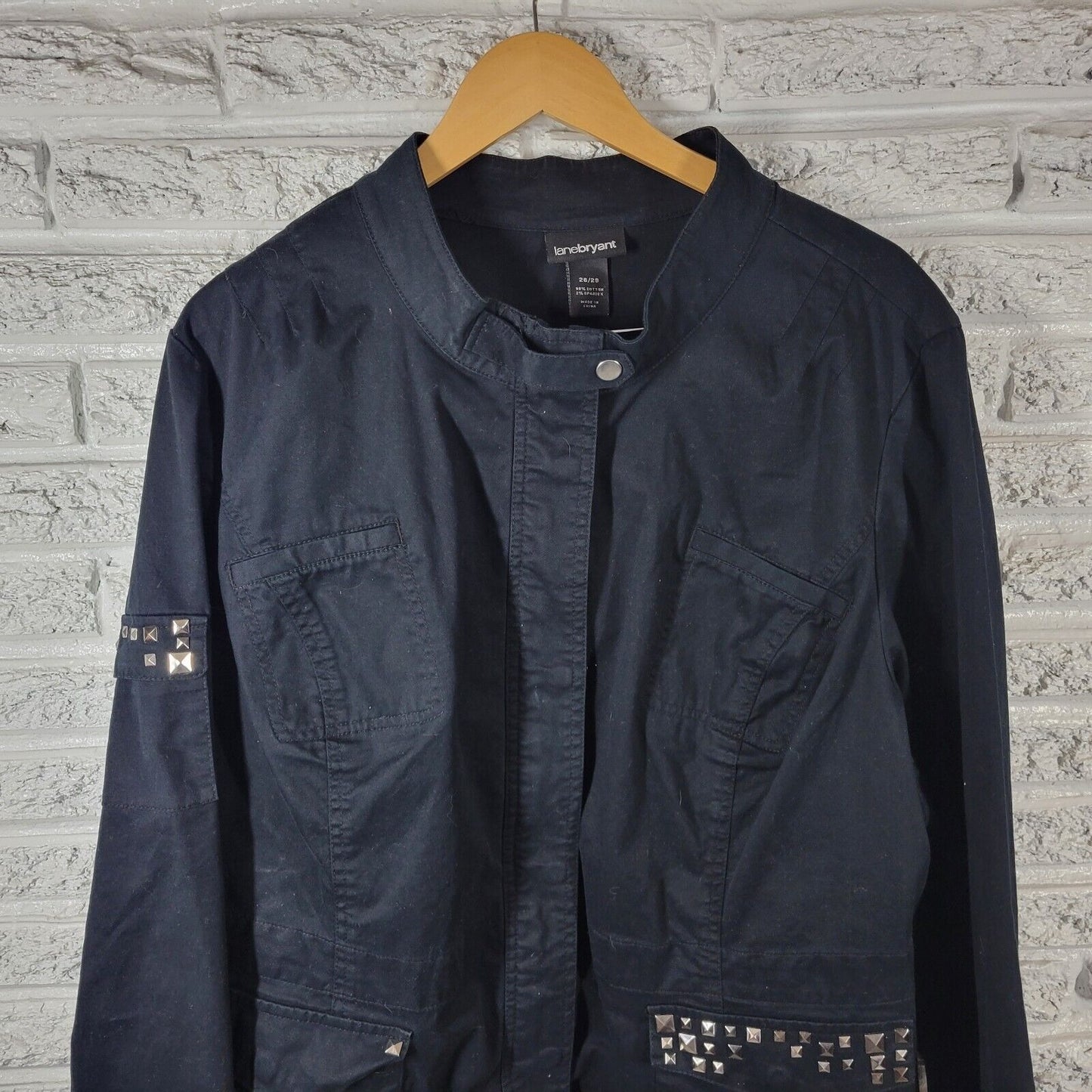 Lane Bryant Women Jacket 26 28 Black Cotton Blend Full Zip Snaps Studded Pockets