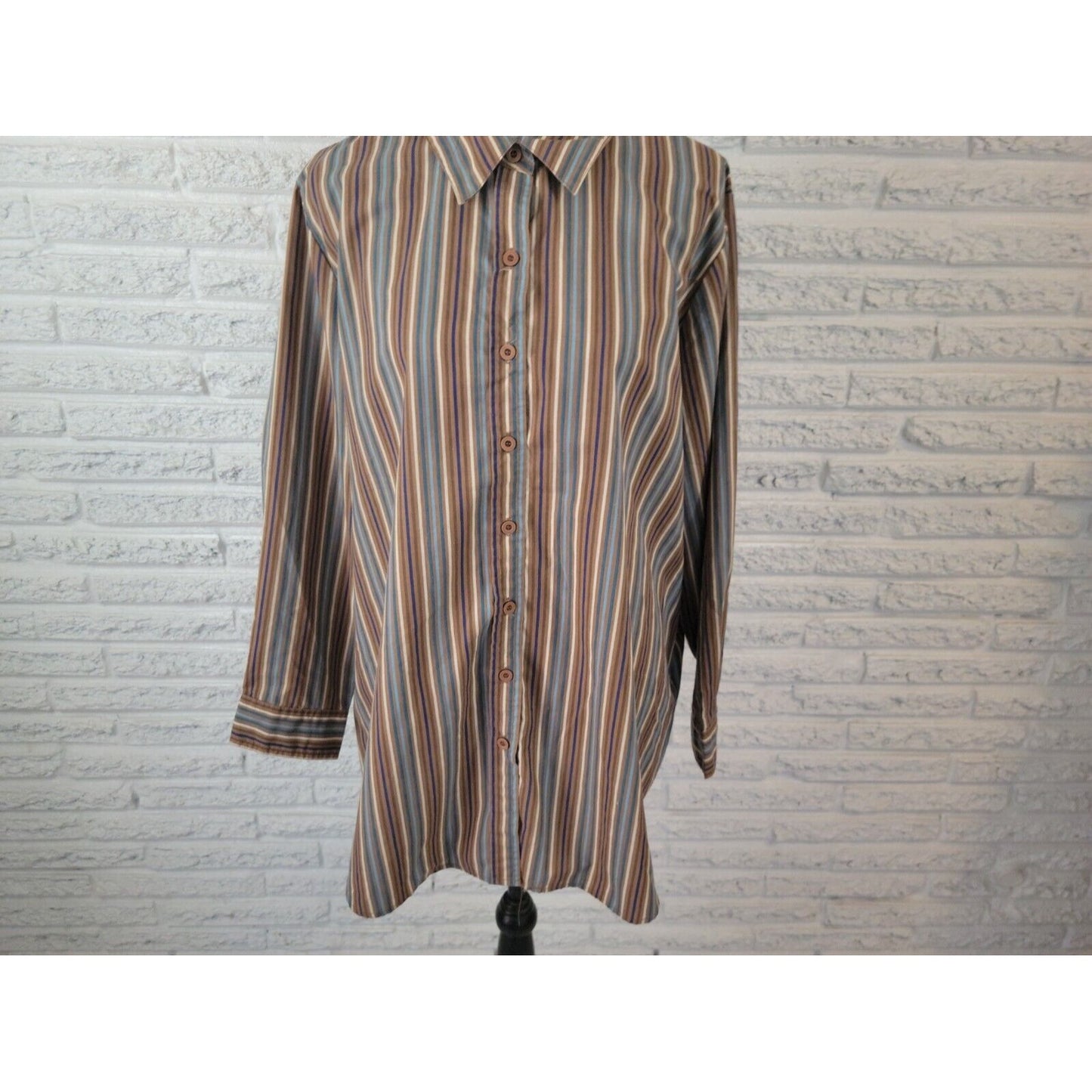 Roamans Womens Shirt 1X Plus Collar Button Up Brown Stripe Cotton Blend Office