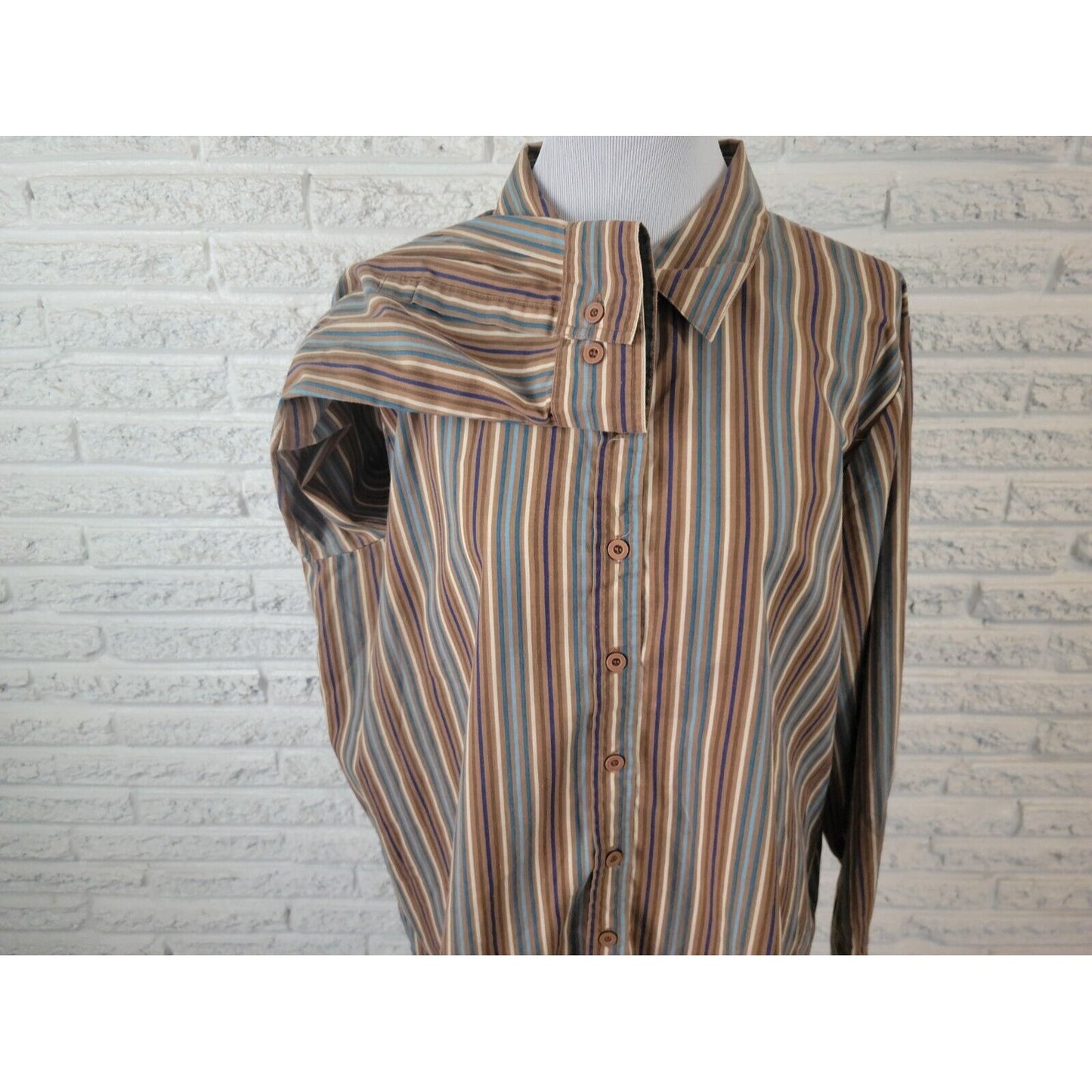 Roamans Womens Shirt 1X Plus Collar Button Up Brown Stripe Cotton Blend Office