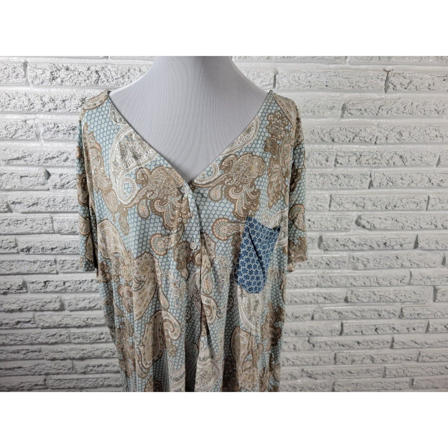 Live Well Womens Top 22W 24W Pajama Blue Tan Paisley Pocket Loungewear Soft