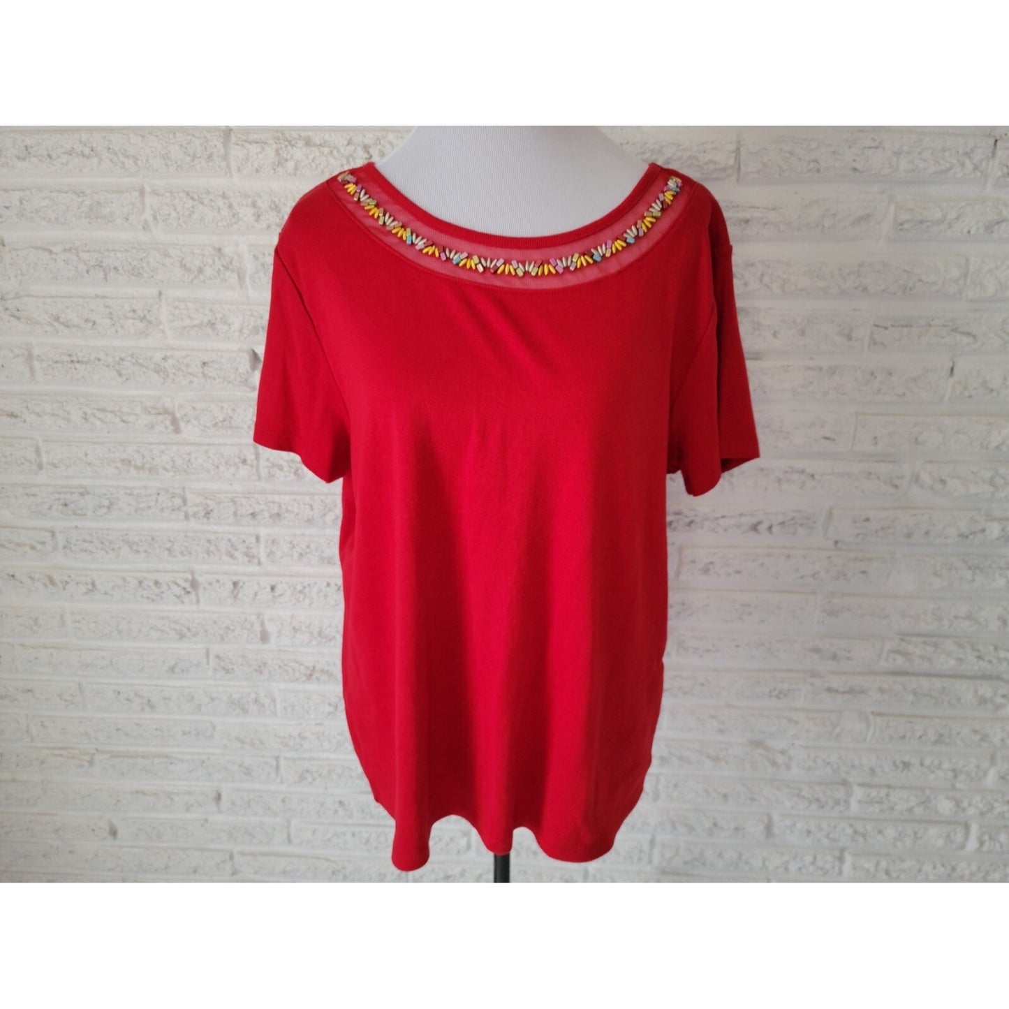 Rafaella Womens Top XXL Plus Tee Short Sleeve Knit Cotton Beads Red Boat Neck