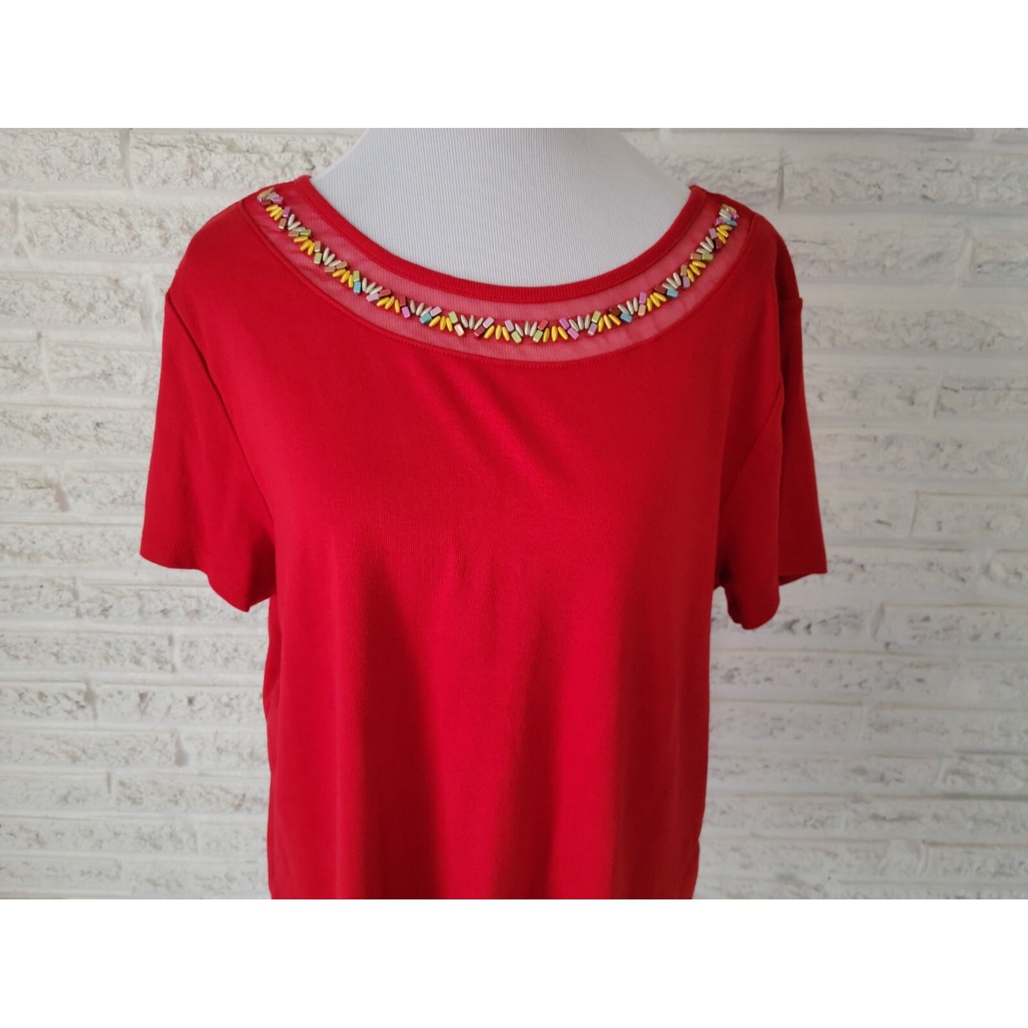 Rafaella Womens Top XXL Plus Tee Short Sleeve Knit Cotton Beads Red Boat Neck