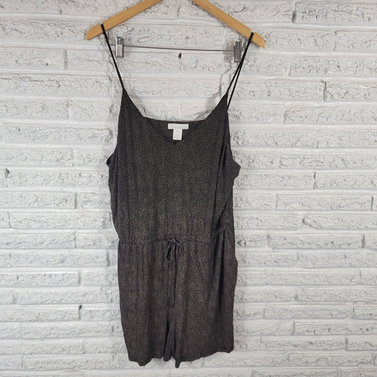 H&M Womens Romper XL Short Adjustable Spaghetti Pockets Black Brown Tiny Dots