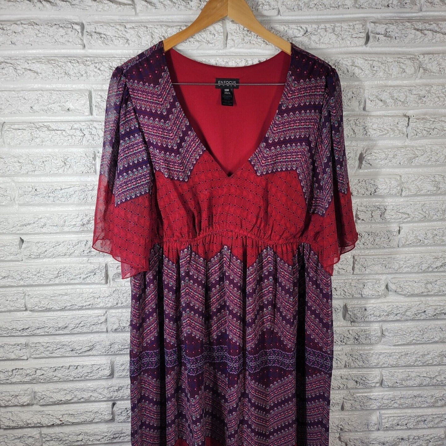 Enfocus Womens Dress 20W Plus Midi Sheath Sheer Sleeve Purple Red Geometric