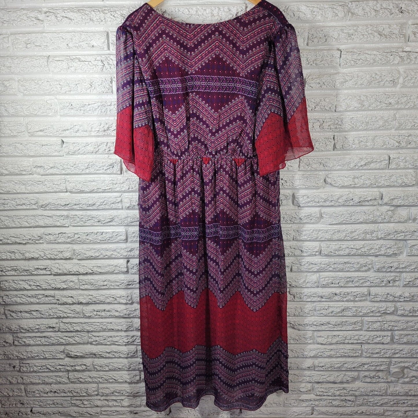 Enfocus Womens Dress 20W Plus Midi Sheath Sheer Sleeve Purple Red Geometric