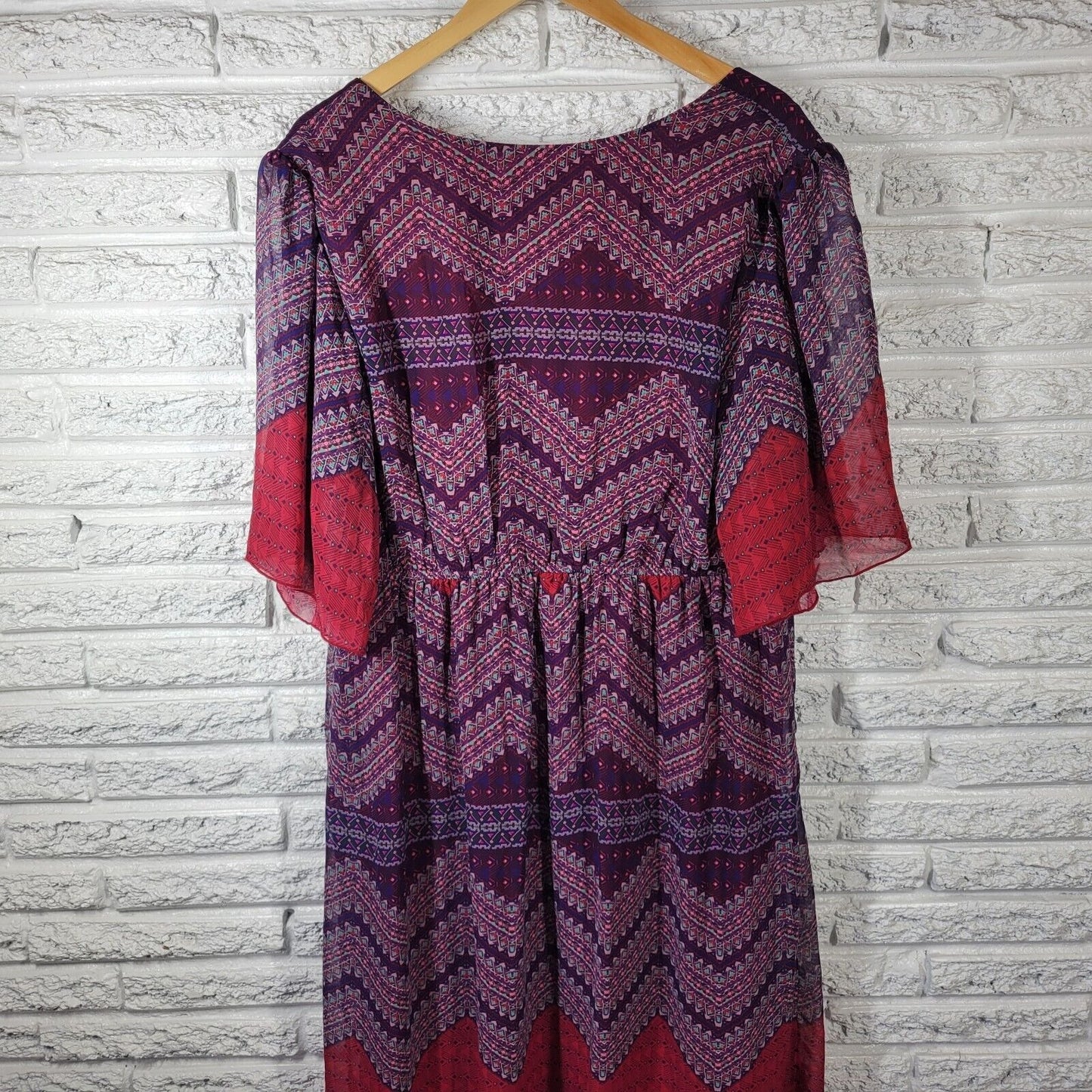 Enfocus Womens Dress 20W Plus Midi Sheath Sheer Sleeve Purple Red Geometric