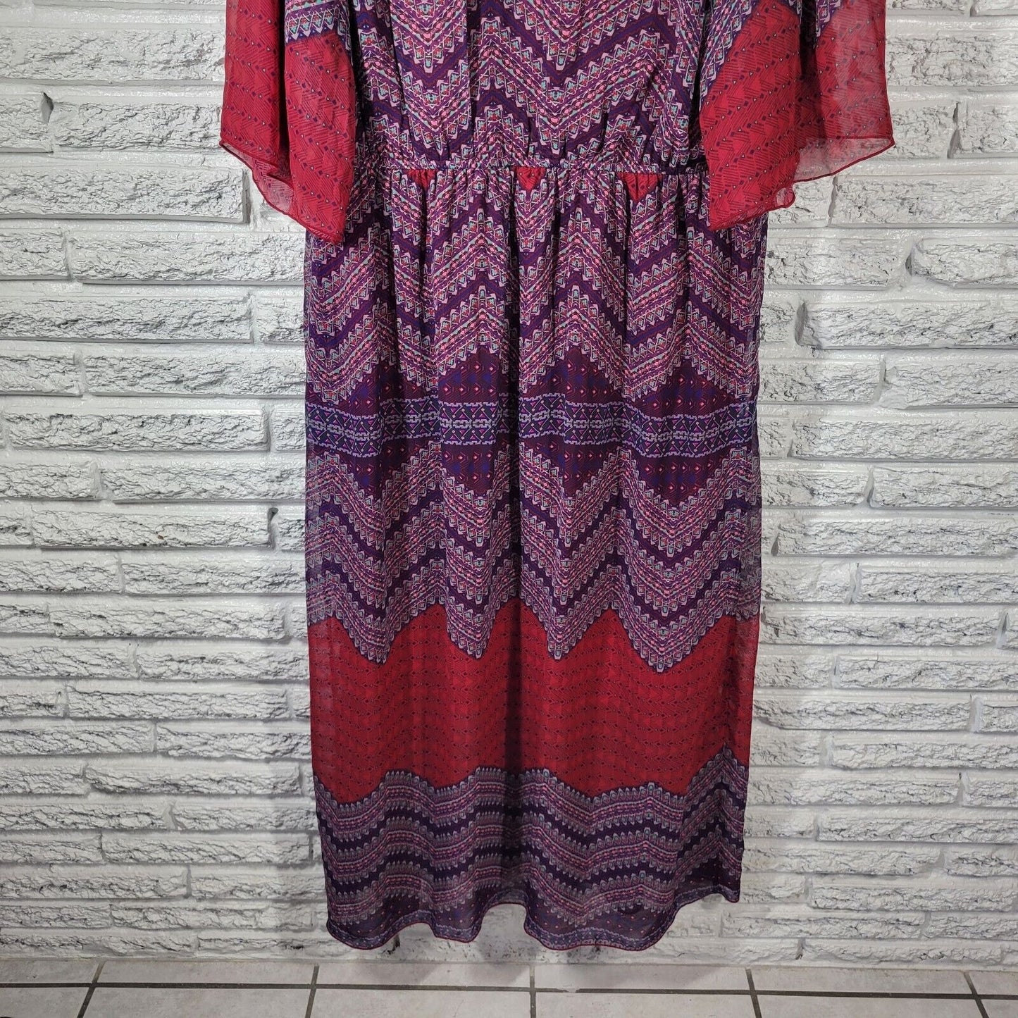 Enfocus Womens Dress 20W Plus Midi Sheath Sheer Sleeve Purple Red Geometric