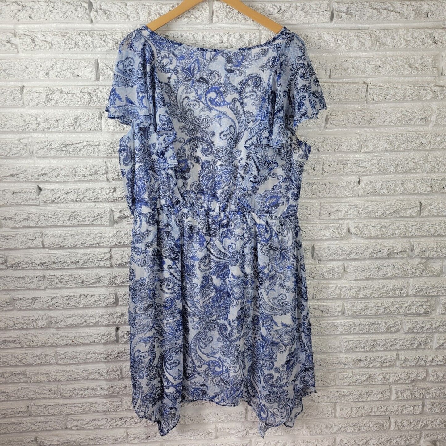 Alyx Women Dress 20W Plus Sheath Flutter Sleeve Blue Paisley Lightweight Keyhole