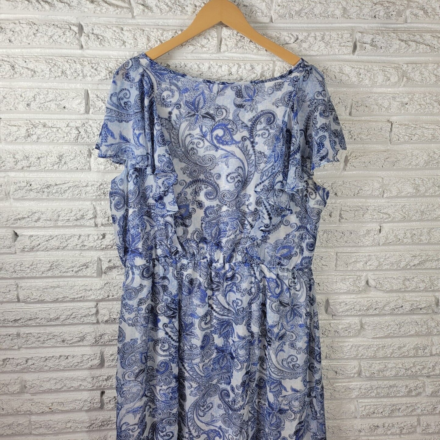 Alyx Women Dress 20W Plus Sheath Flutter Sleeve Blue Paisley Lightweight Keyhole