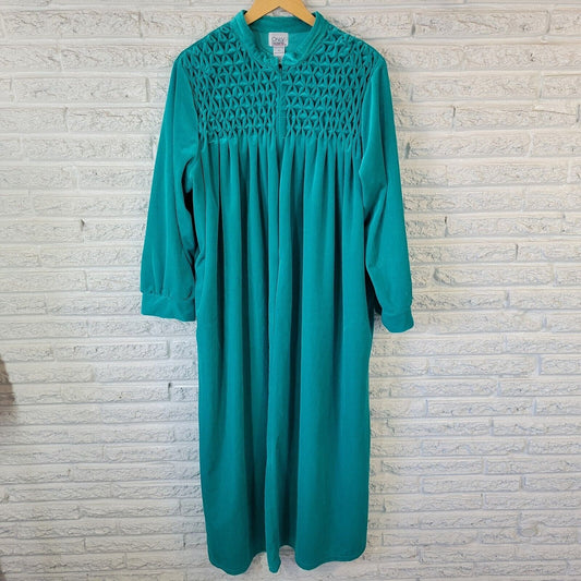 Only Necessities Womens Robe 1X Zip Up Green Velour Cinched Pockets Loungewear