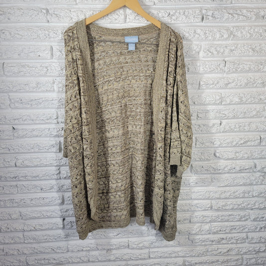 Liz Me Womens Sweater 4X Plus Cardigan Open Gold Tan Metallic Thread Acrylic