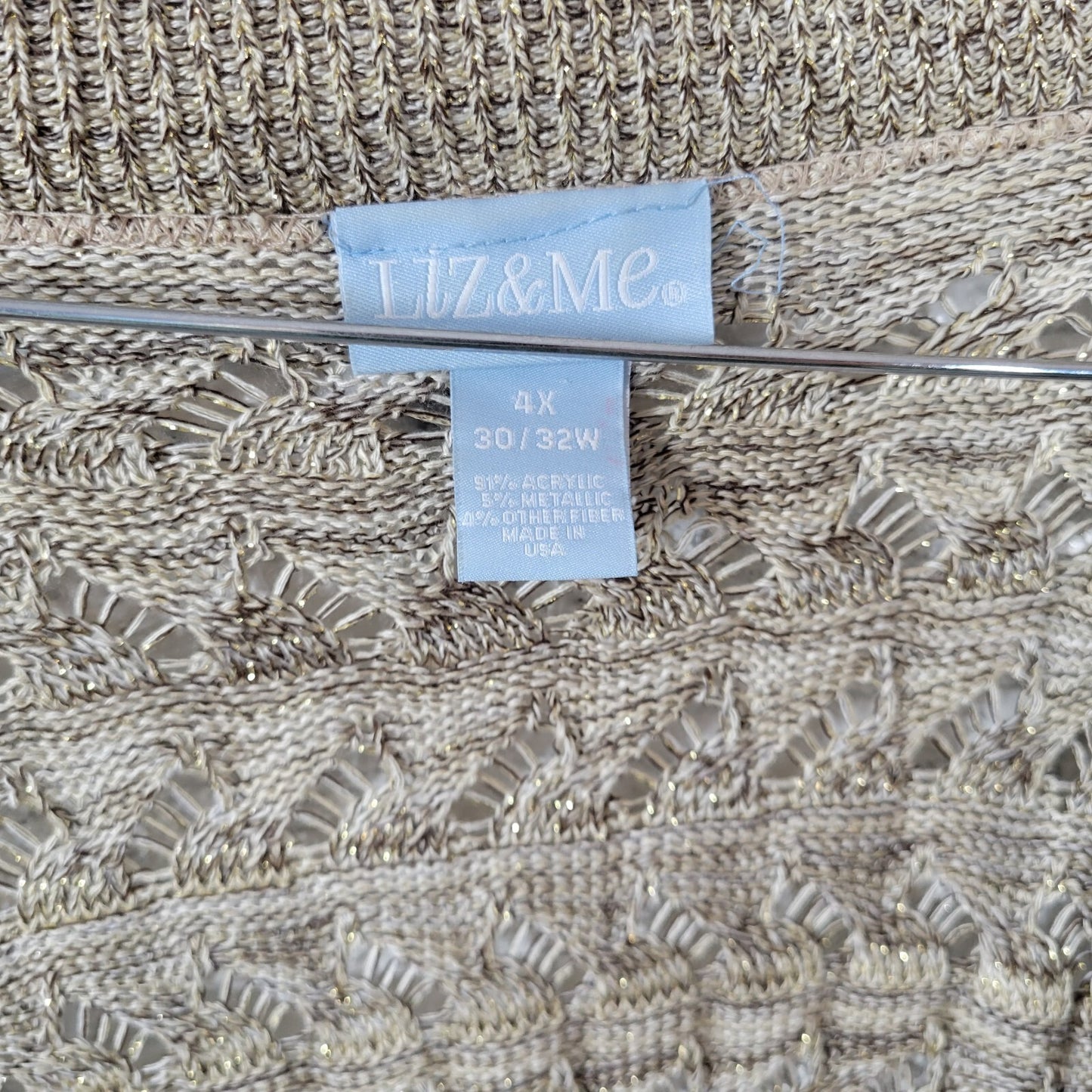 Liz Me Womens Sweater 4X Plus Cardigan Open Gold Tan Metallic Thread Acrylic