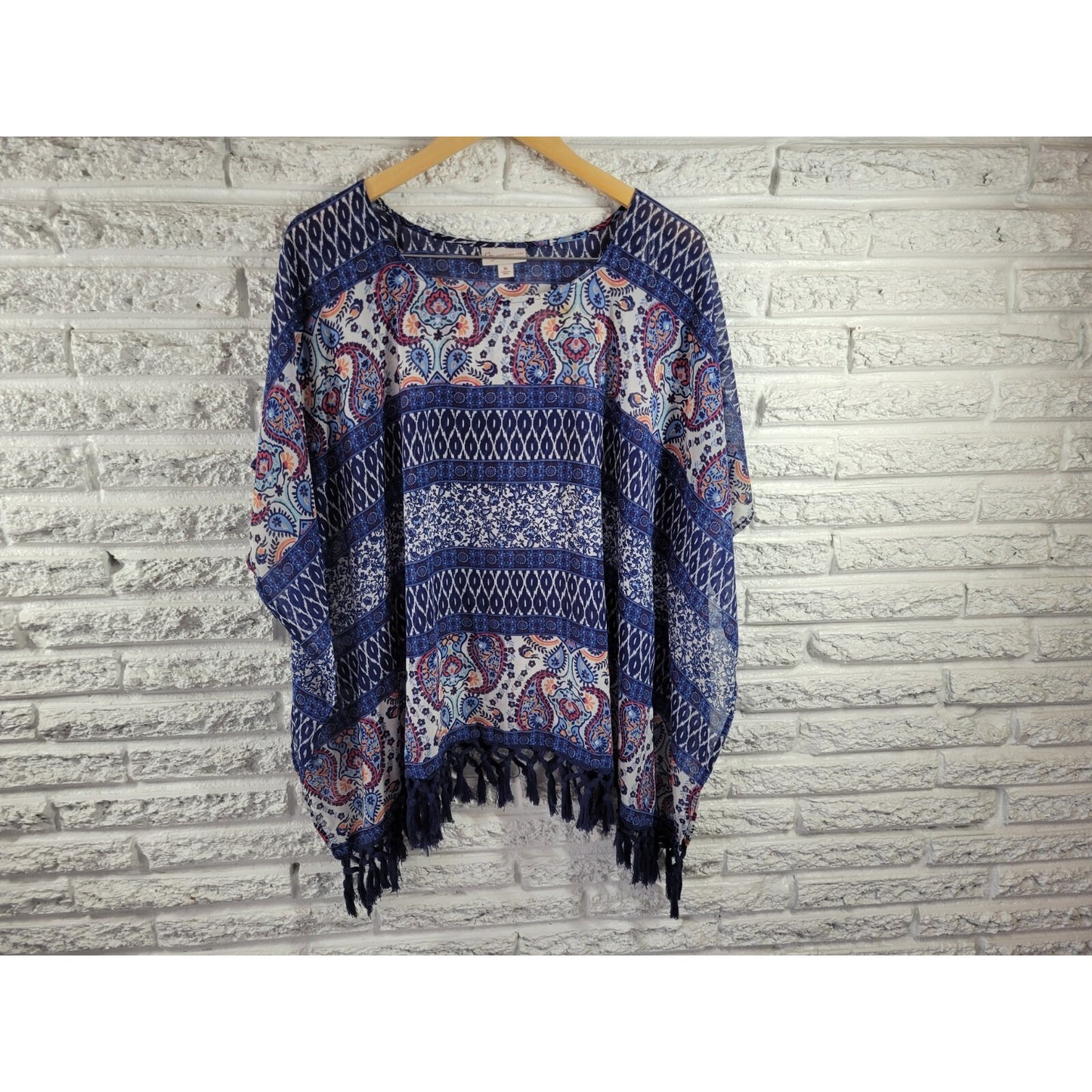 Dress Barn Womens Top Extra Large Kimono Sleeve Fringe Sheer Blue Paisley