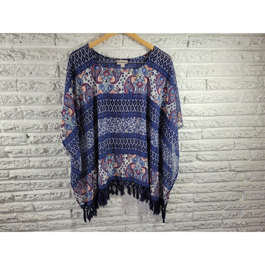 Dress Barn Womens Top Extra Large Kimono Sleeve Fringe Sheer Blue Paisley