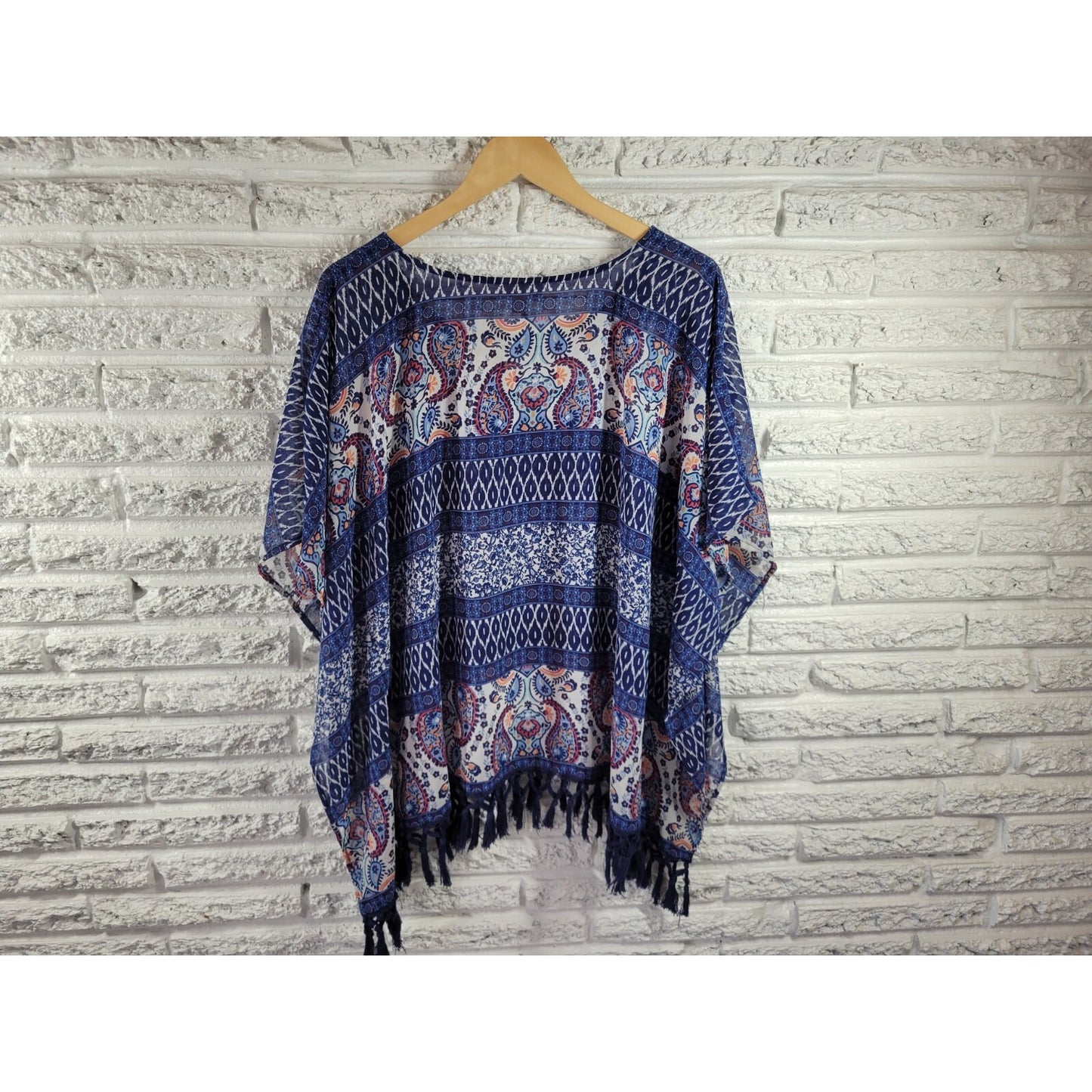 Dress Barn Womens Top Extra Large Kimono Sleeve Fringe Sheer Blue Paisley