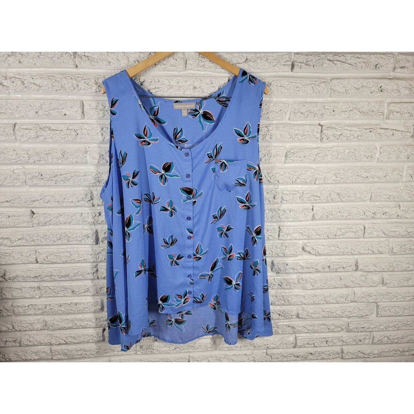 Woman Within Womens Top 2X Sleeveless Blue Floral Pocket Polyester Lightweight