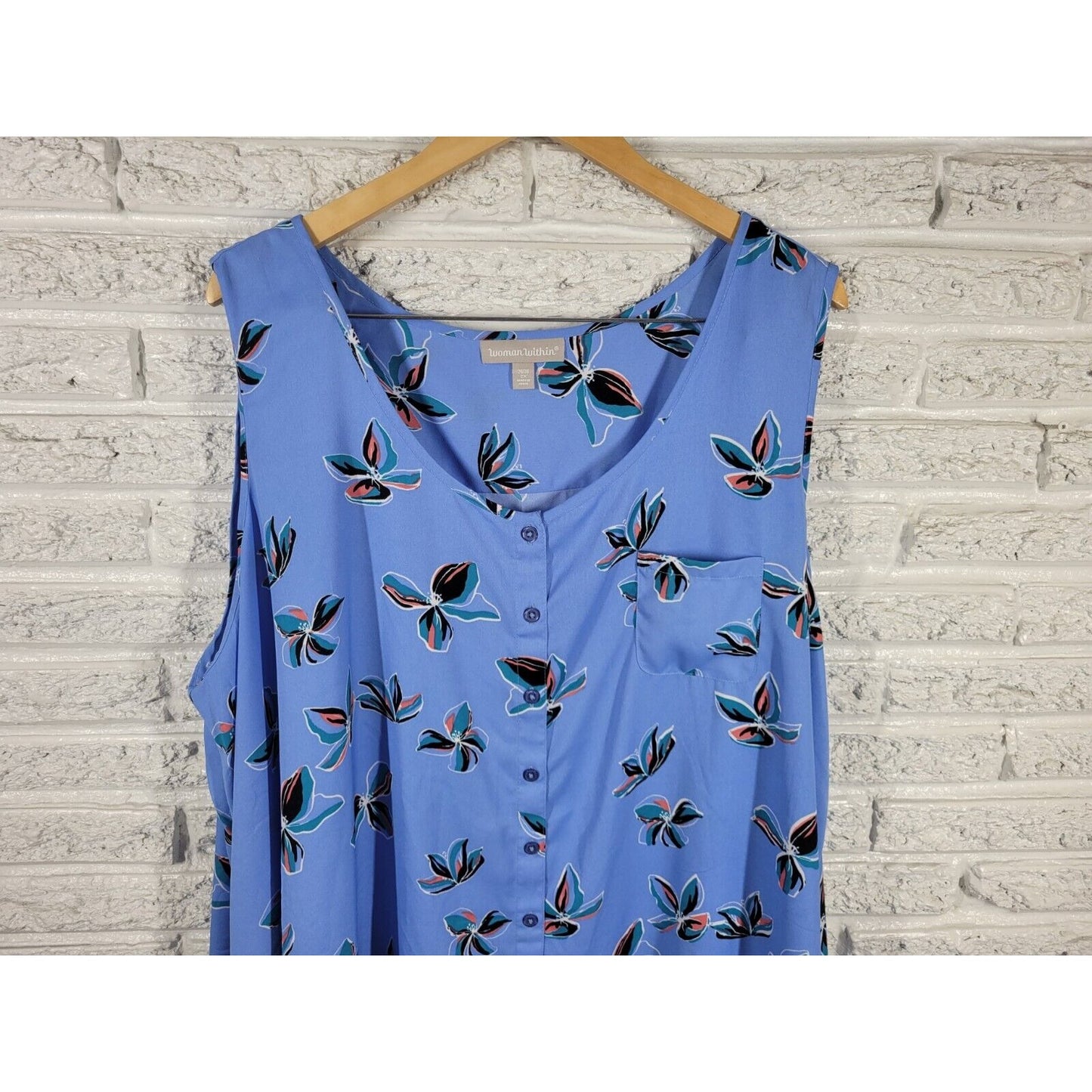 Woman Within Womens Top 2X Sleeveless Blue Floral Pocket Polyester Lightweight