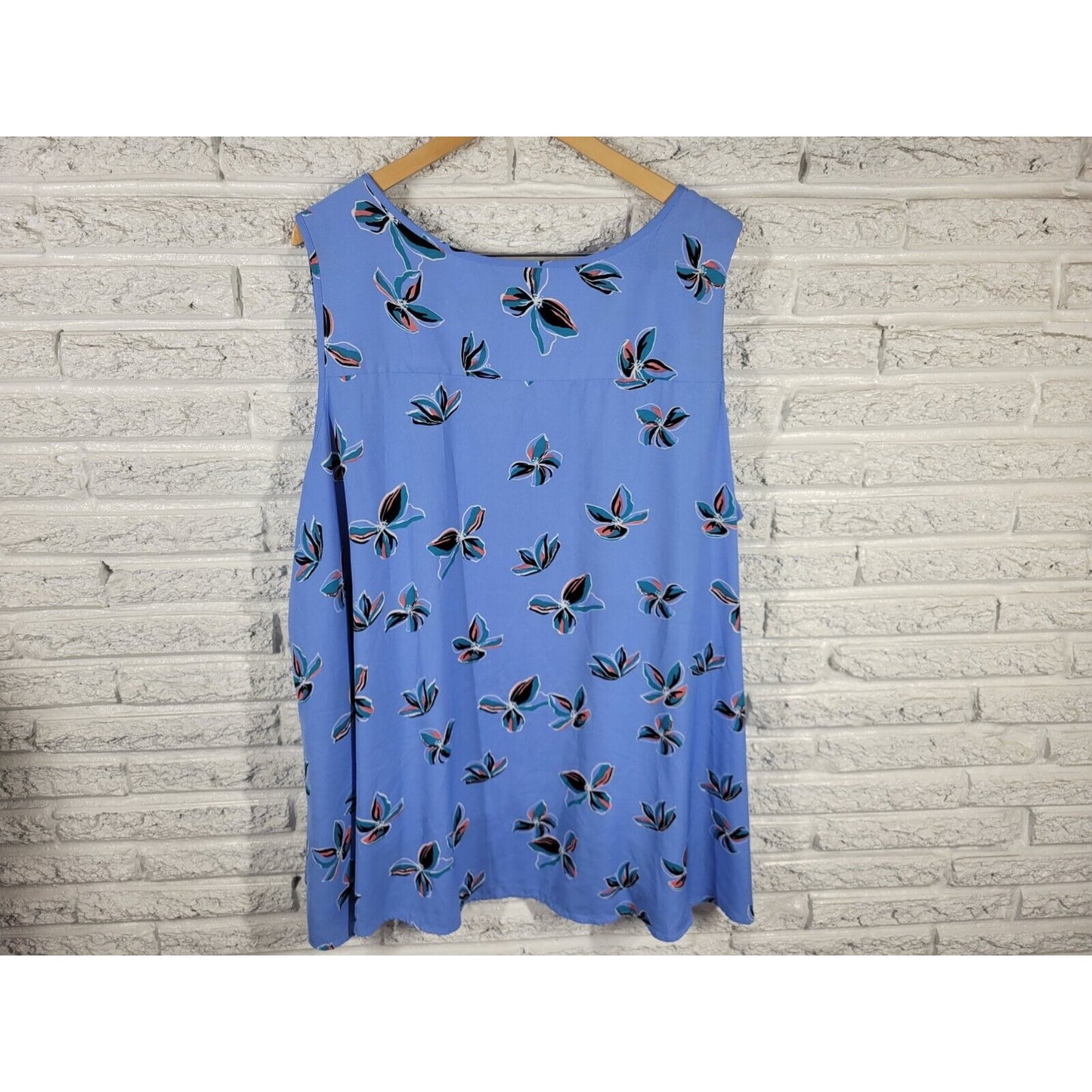 Woman Within Womens Top 2X Sleeveless Blue Floral Pocket Polyester Lightweight