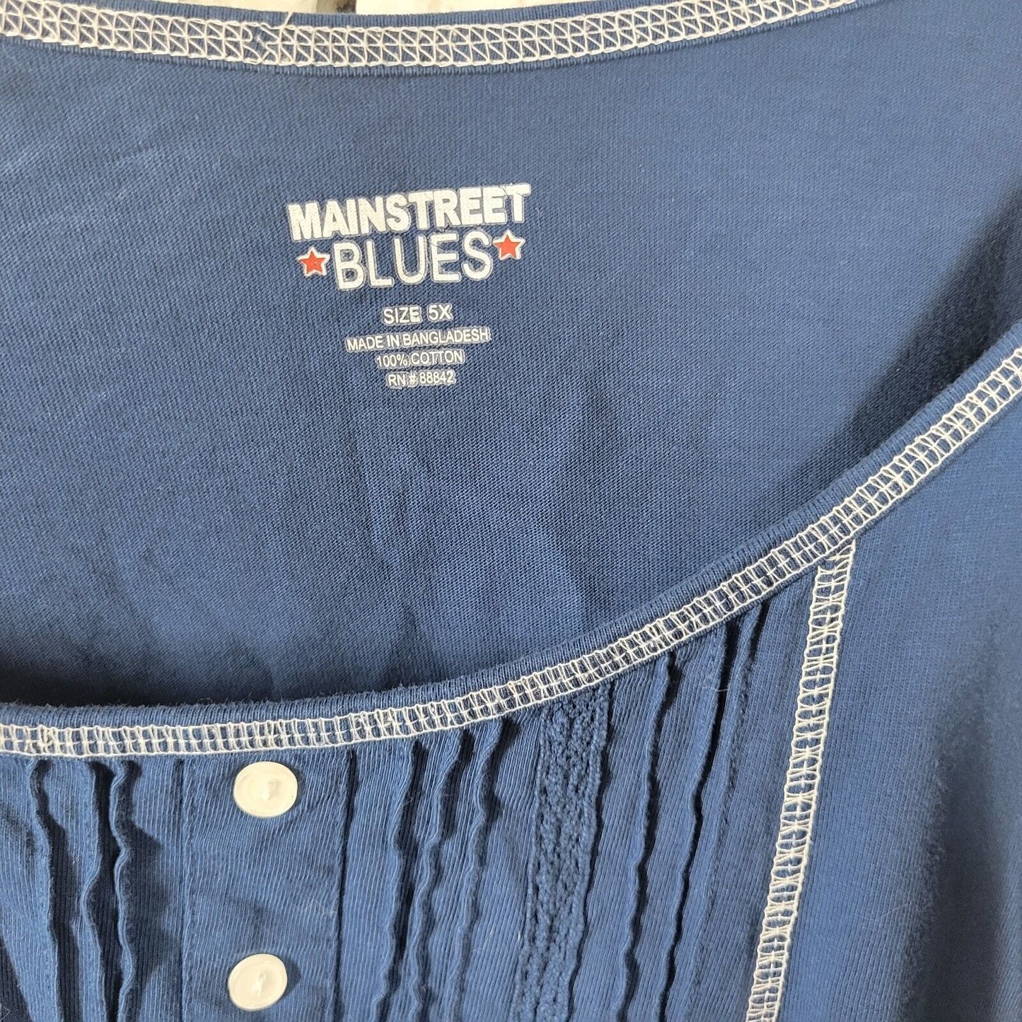 Main Street Blues Women Top 5X Plus Tunic 3/4 Sleeve Blue Pintuck Deco Buttons