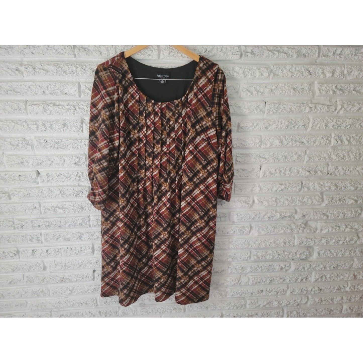 Perceptions Women Dress Extra Large Shirt Knit Mini Brown Plaid Ruched Sleeve