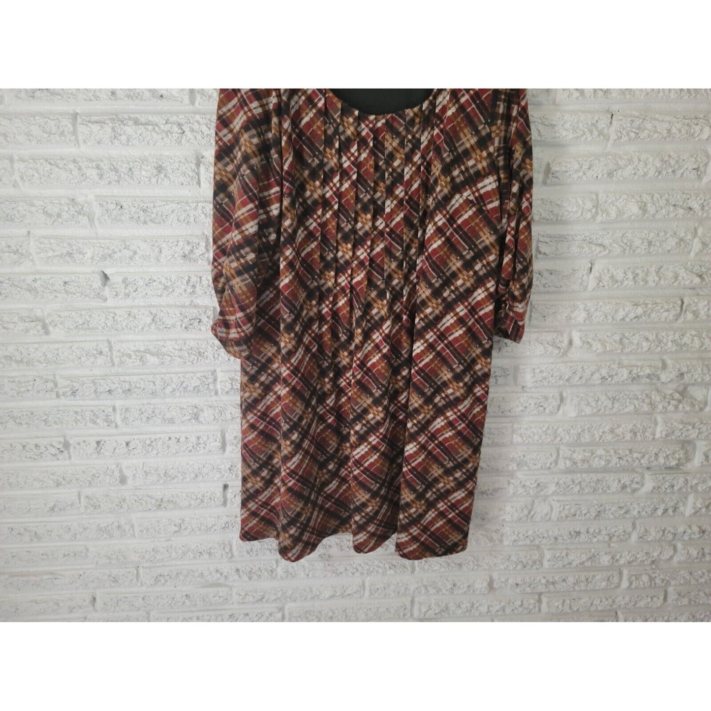 Perceptions Women Dress Extra Large Shirt Knit Mini Brown Plaid Ruched Sleeve