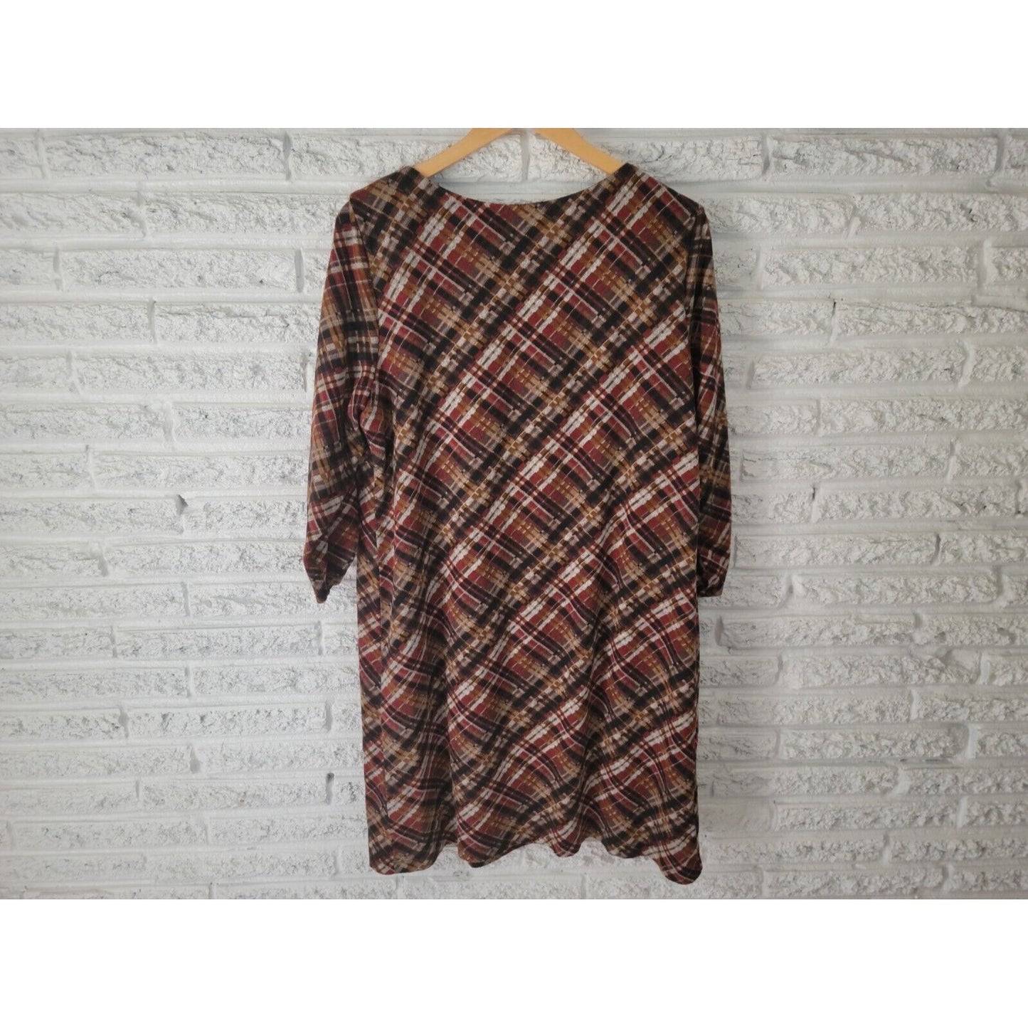 Perceptions Women Dress Extra Large Shirt Knit Mini Brown Plaid Ruched Sleeve