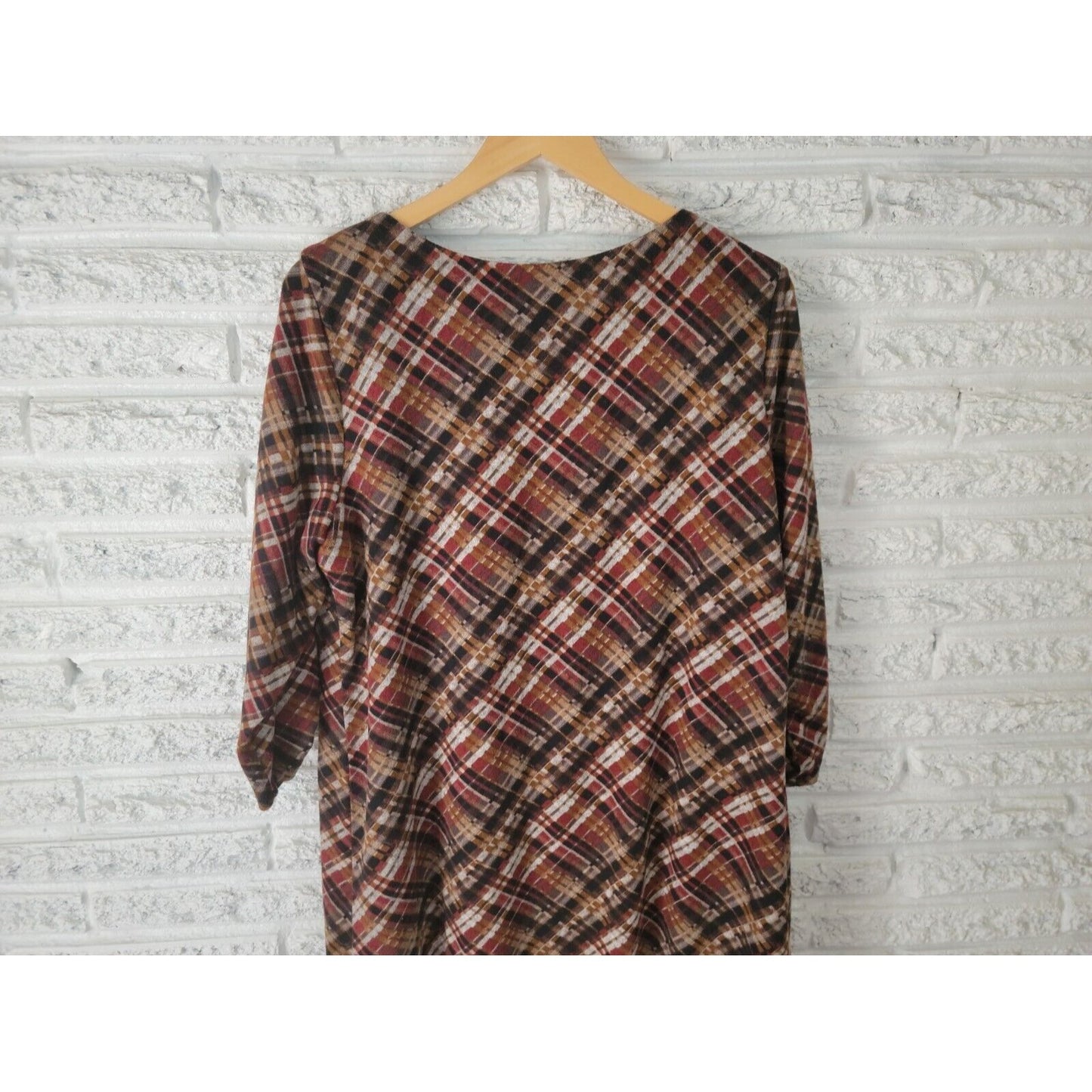 Perceptions Women Dress Extra Large Shirt Knit Mini Brown Plaid Ruched Sleeve
