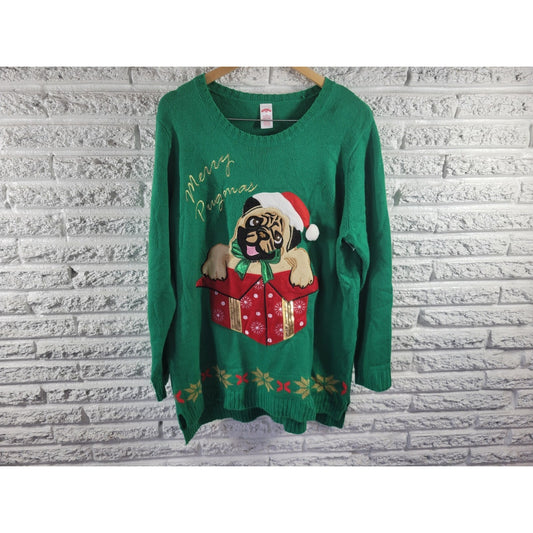 Christmas Holiday Time Women Sweater 2X Pug Happy Pugmas Green Embroider Sequins