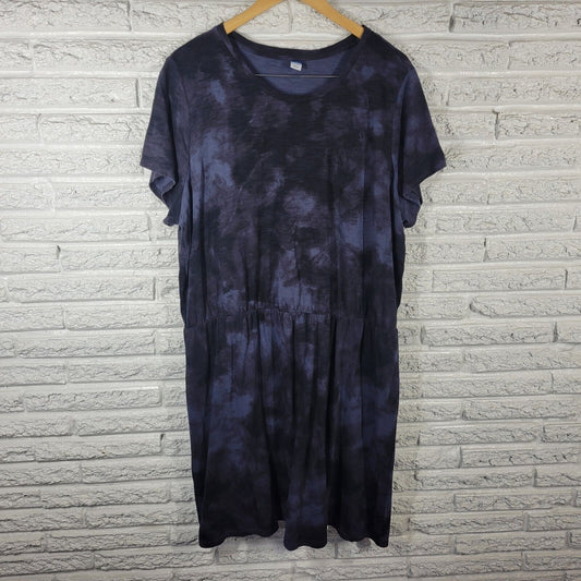 Old Navy Womens Dress XXL Tall Short Sleeve Blue Black Tie Dye Cotton Comfy