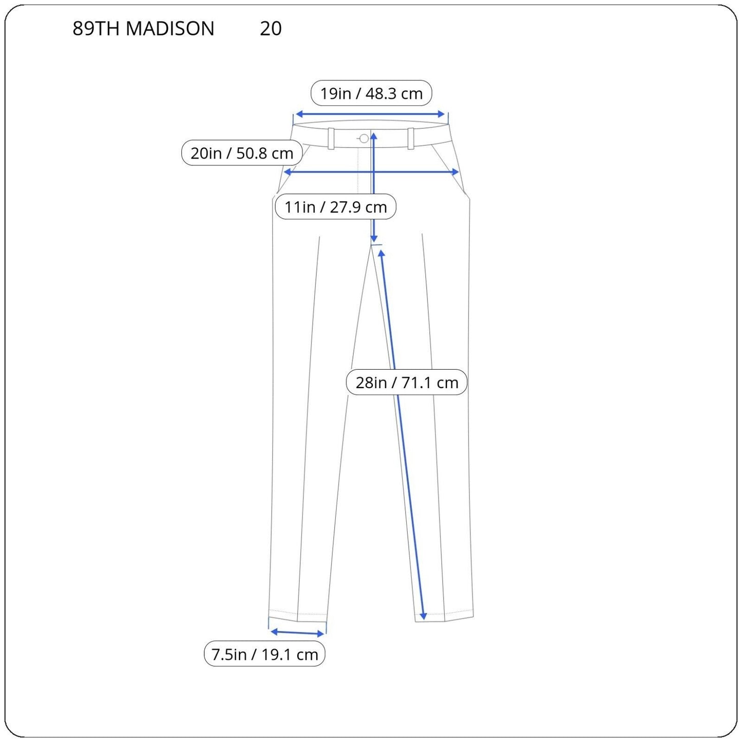 89th Madison Womens Pants 20 Plus Straight Leg Blue Zip Fly Comfy Elastic Waist