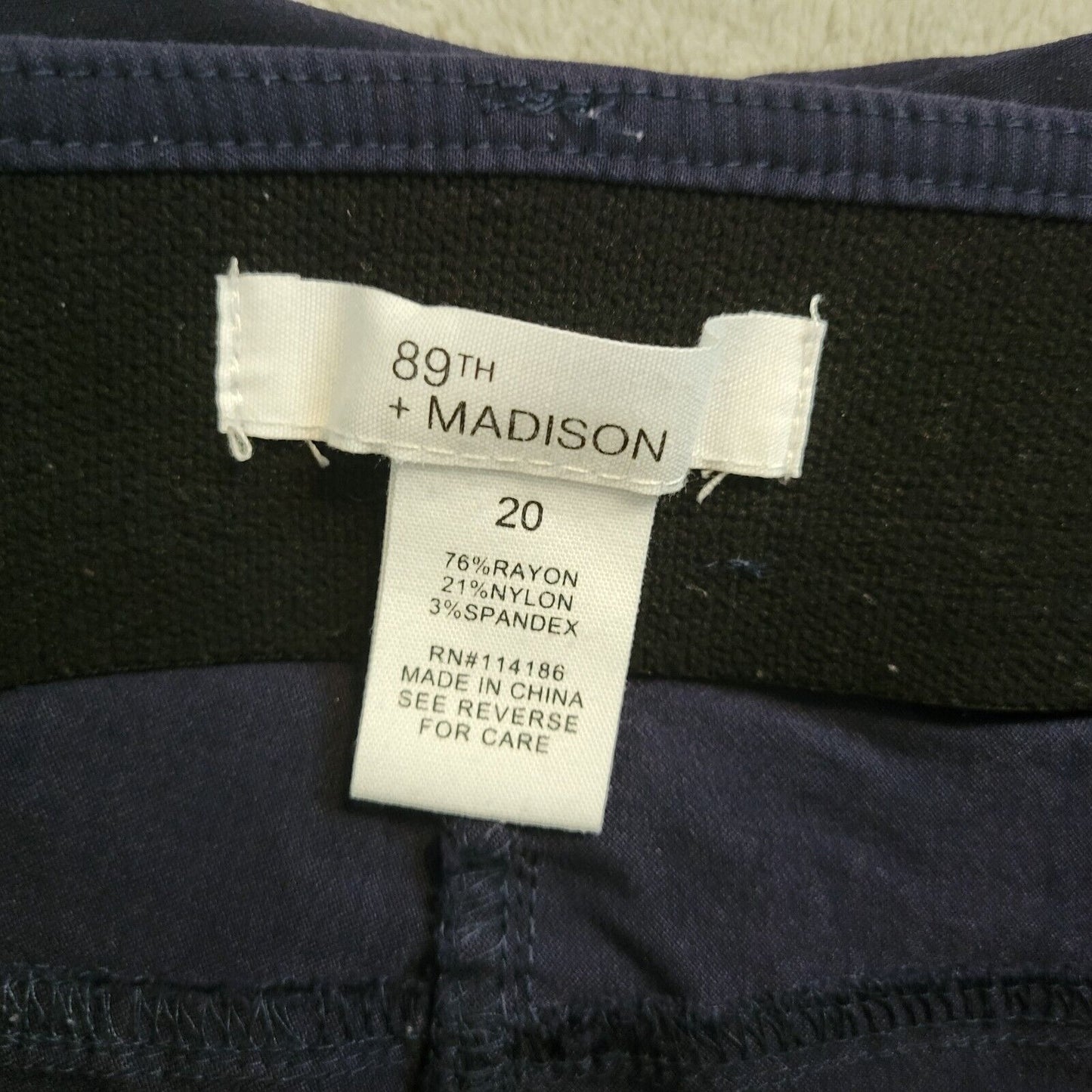 89th Madison Womens Pants 20 Plus Straight Leg Blue Zip Fly Comfy Elastic Waist