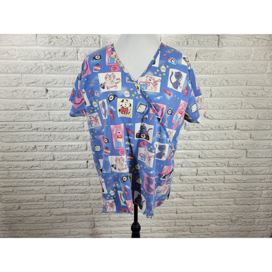 Absolute Unisex Scrub Top 1X Plus Short Sleeve Blue Dogs Cats Pockets Medical