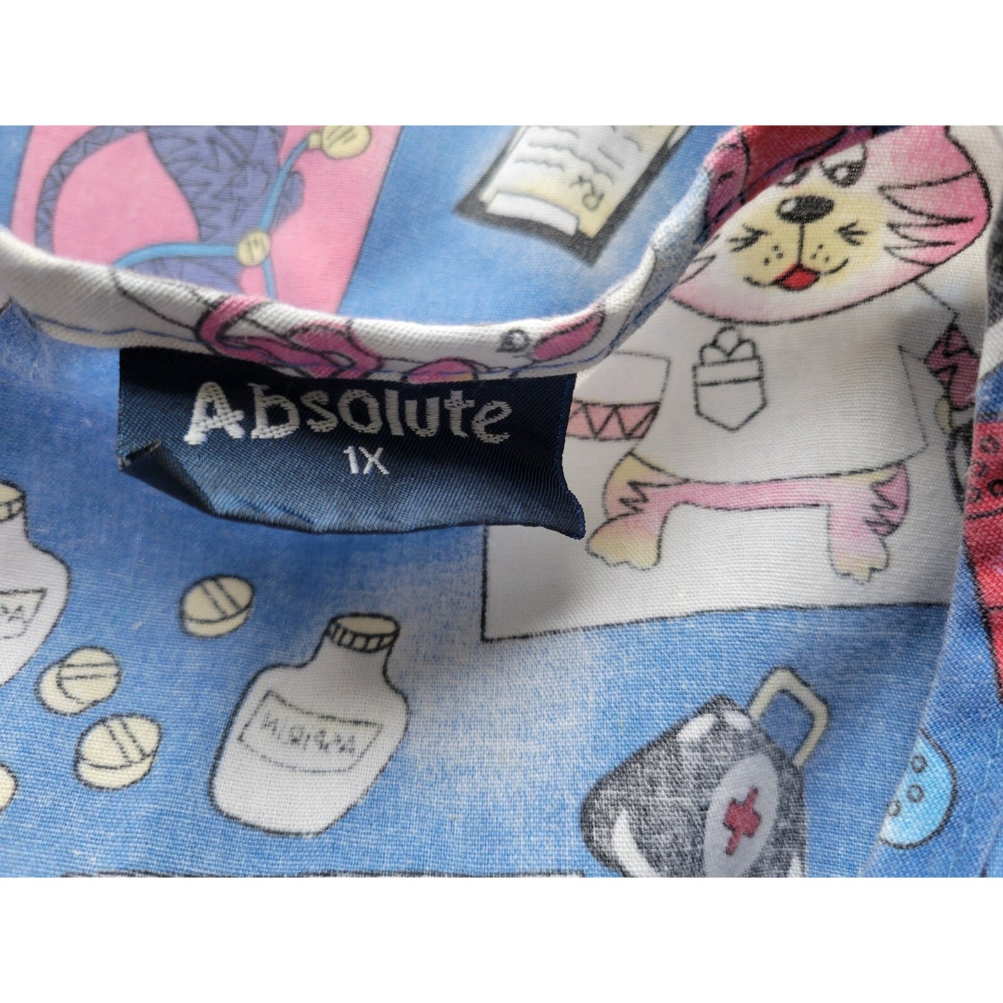 Absolute Unisex Scrub Top 1X Plus Short Sleeve Blue Dogs Cats Pockets Medical