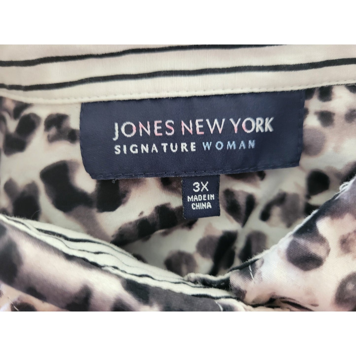 Jones New York Womens Top 3X Plus Long Sleeve Black Animal Print Collar Cotton