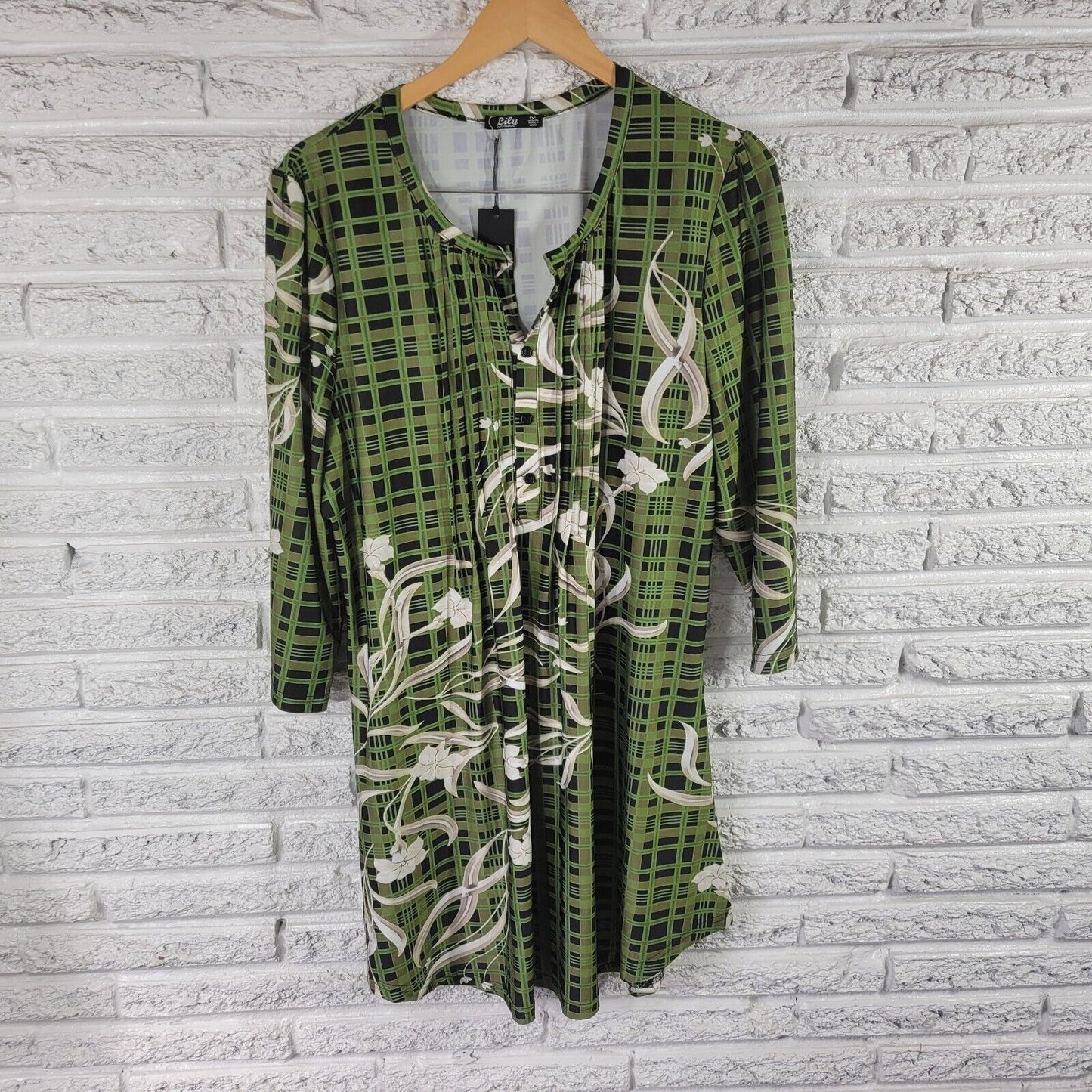 Lily Firmiana Womens Dress 1XL Mini Long Sleeve Green Floral Pintuck Lightweight