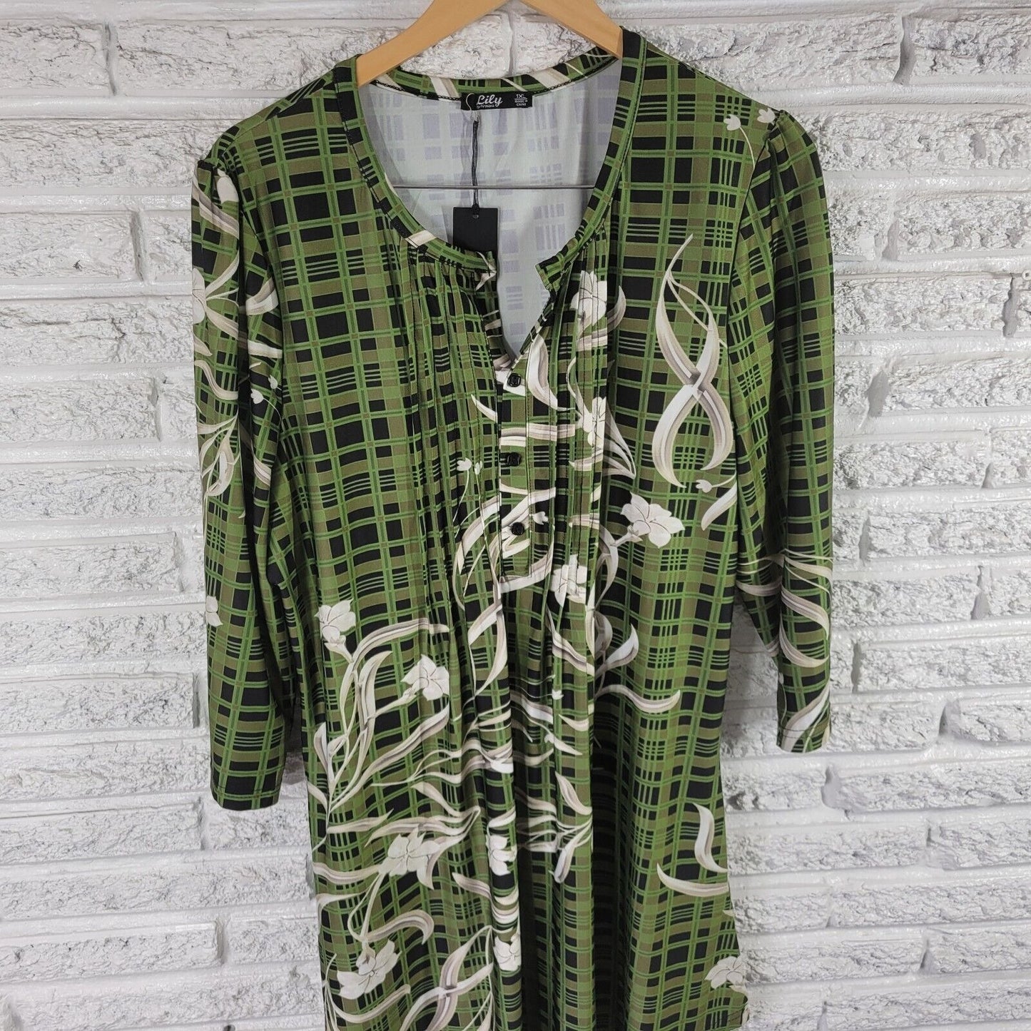 Lily Firmiana Womens Dress 1XL Mini Long Sleeve Green Floral Pintuck Lightweight