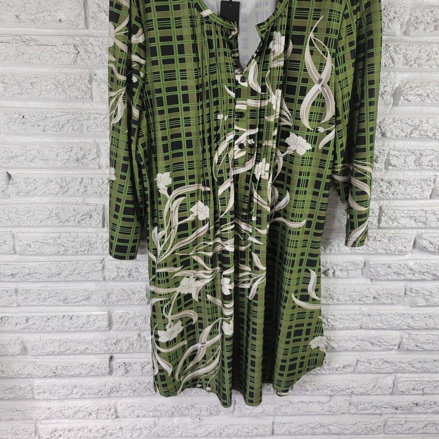 Lily Firmiana Womens Dress 1XL Mini Long Sleeve Green Floral Pintuck Lightweight