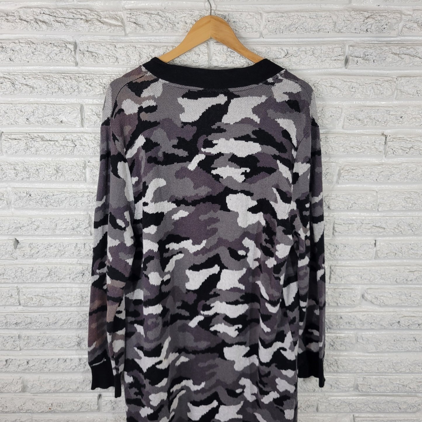 New York Co Womens Sweater 2XL Plus Cardigan Open Pockets Gray Camouflage Knit