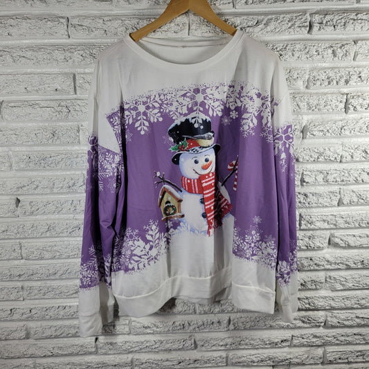 Christmas Womens Top 4XL Plus Tee Long Sleeve Snowman Purple Poly Blend