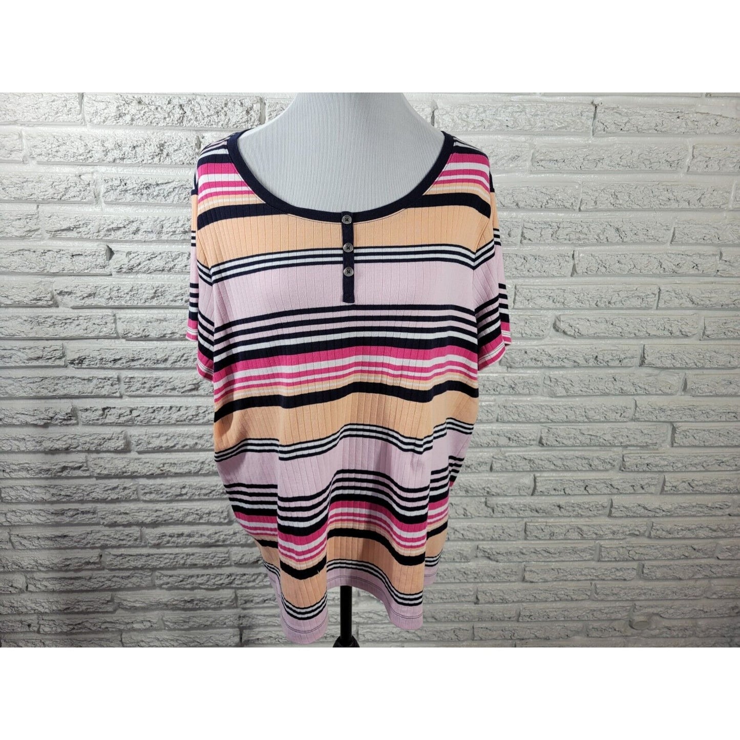 Croft Barrow Womens Top 2X Plus Tee Short Sleeve Pink Stripe Cotton Blend Knit