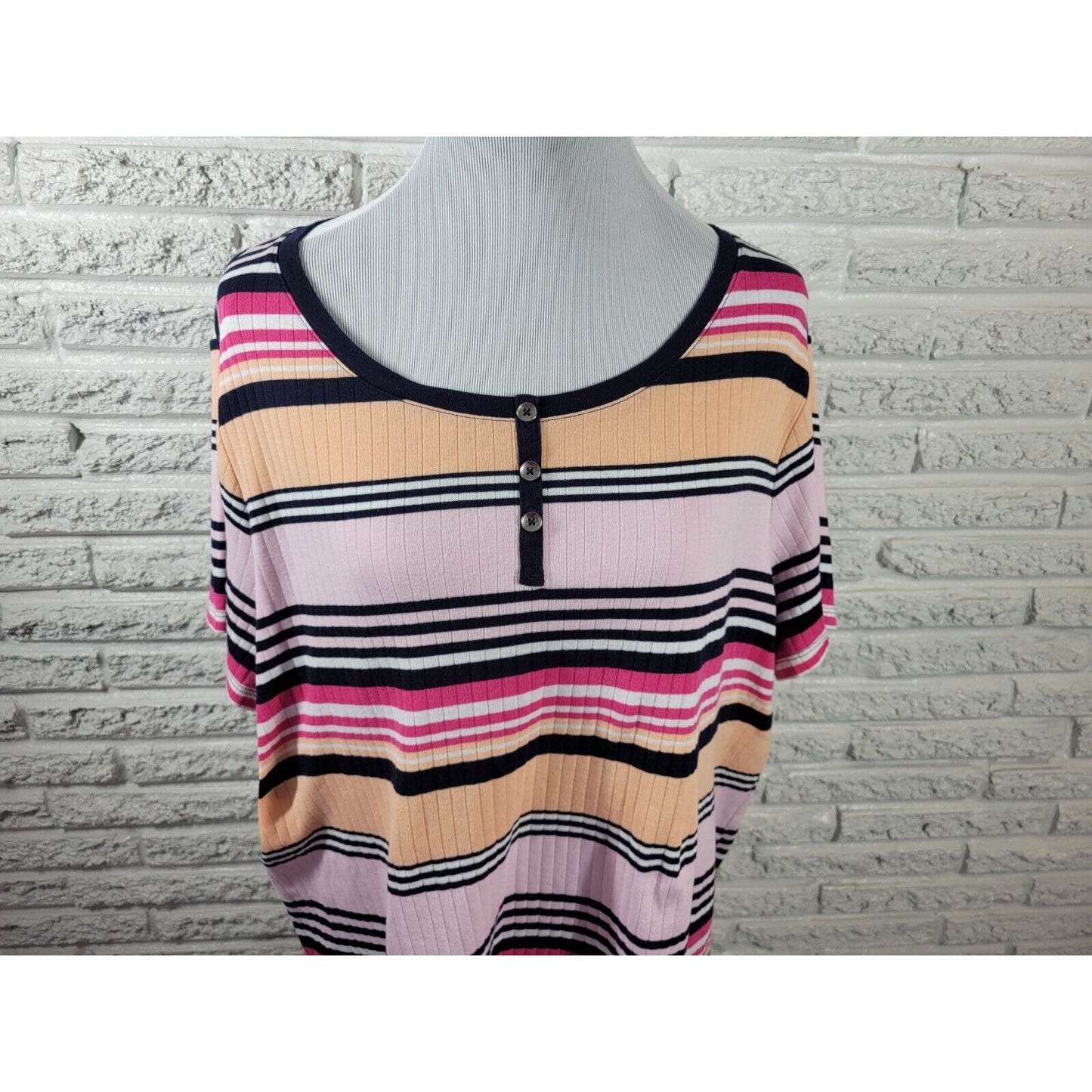 Croft Barrow Womens Top 2X Plus Tee Short Sleeve Pink Stripe Cotton Blend Knit