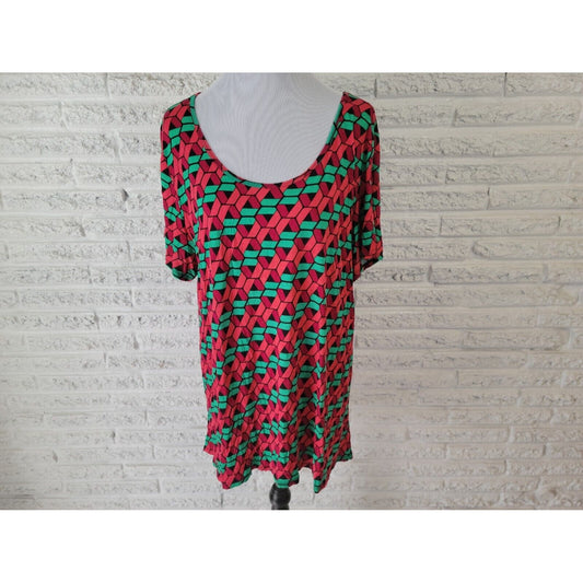 Lularoe Womens Top 3XL Plus Tee Short Sleeve Asymmetric Red Geometric Rayon