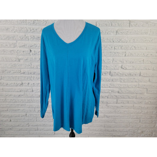 Just My Size Womens Shirt 3X Tee Long Sleeve Pullover VNeck Blue Cotton Blend
