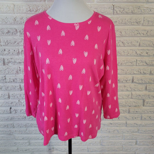 Valentines Day Kim Rogers Womens Top XL 3/4 Sleeve Cotton Pink Hearts All Over