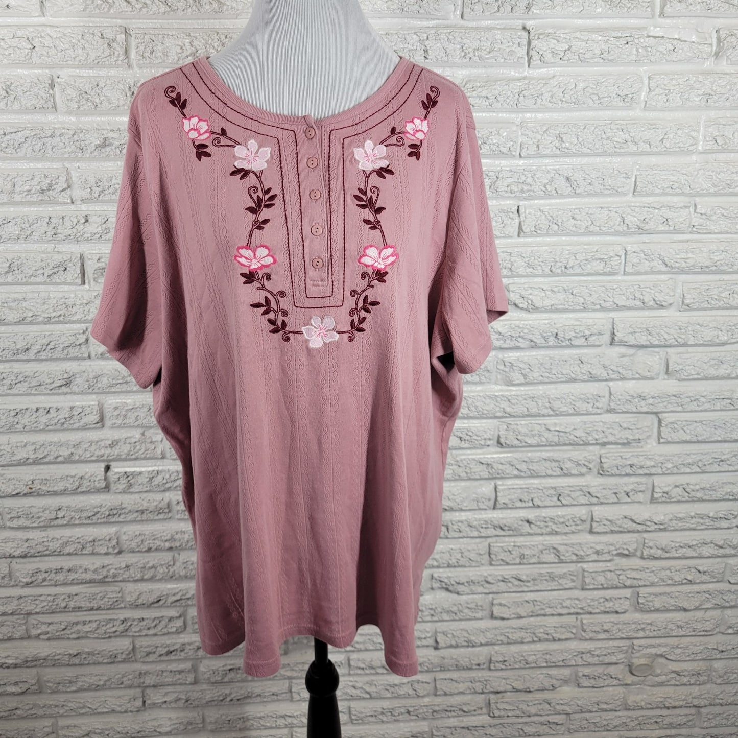Woman Within Women Top 2X Plus Short Sleeve Pink Embroidered Eyelet Comfy Casual
