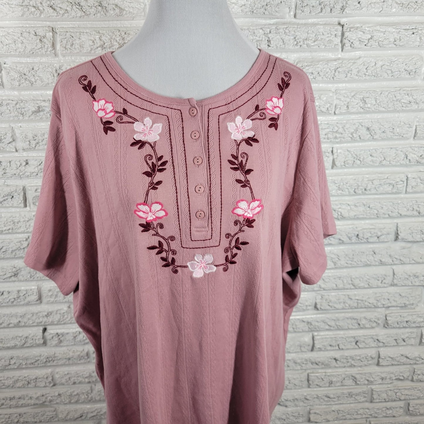 Woman Within Women Top 2X Plus Short Sleeve Pink Embroidered Eyelet Comfy Casual