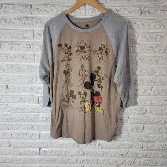 Disney Womens Top XL Tee Raglan Sleeve Mickey Mouse Faded Look Tan Cotton Blend