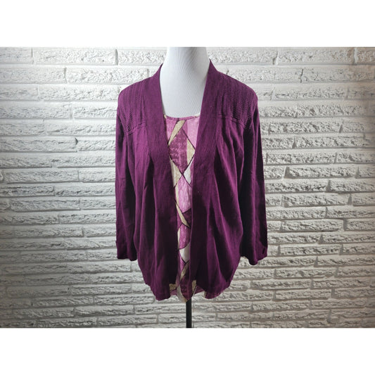 Alfred Dunner Womens Sweater 1X Plus 3/4 Sleeve Pullover Purple Geometric Office