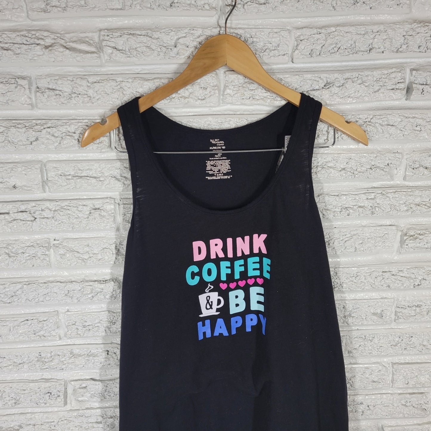 Secret Treasures Womens Pajama Top Black Racerback Drink Coffee Be Happy Comfy