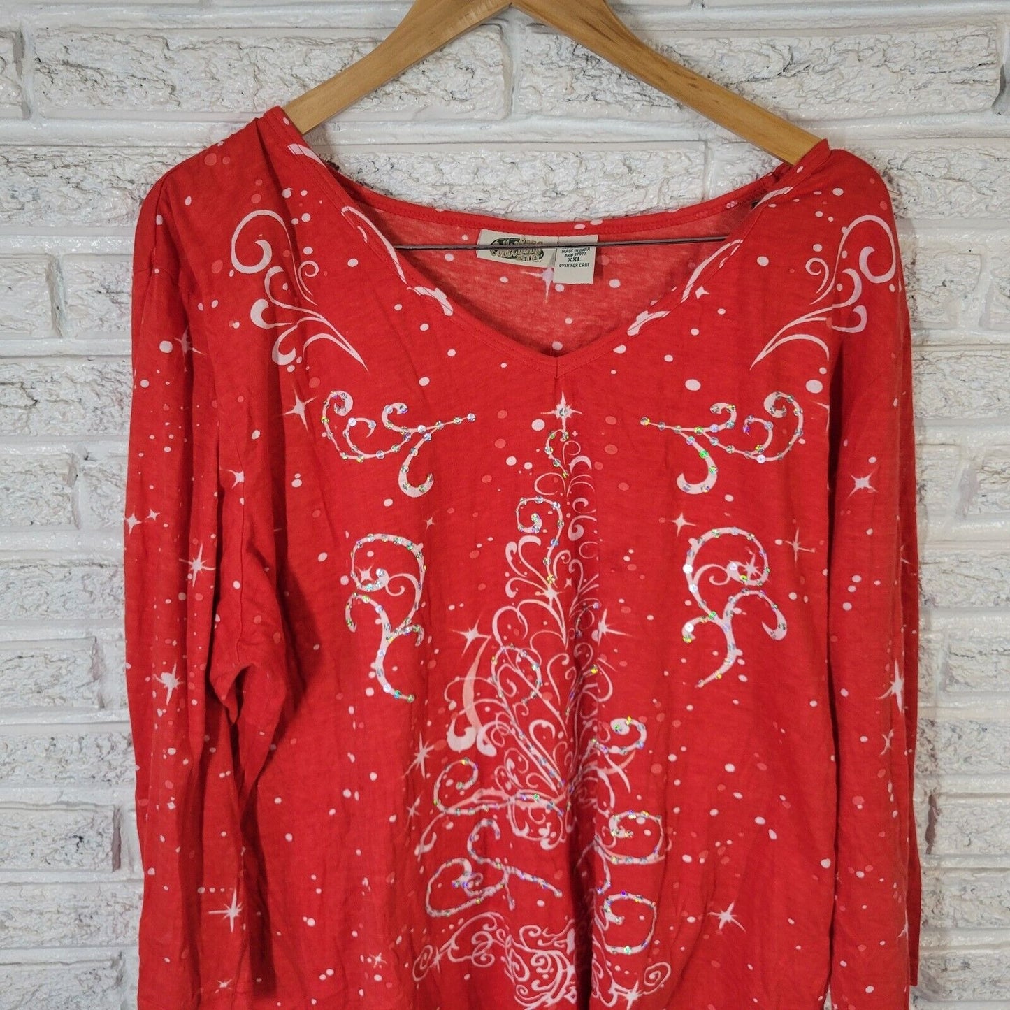 Christmas Collections Etc Womens Top XXL 3/4 Sleeve Red Tree Sequin Lightweight